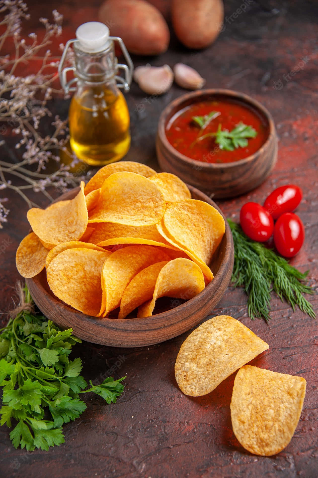 Potato Chips Dip And Tomatoes Wallpaper