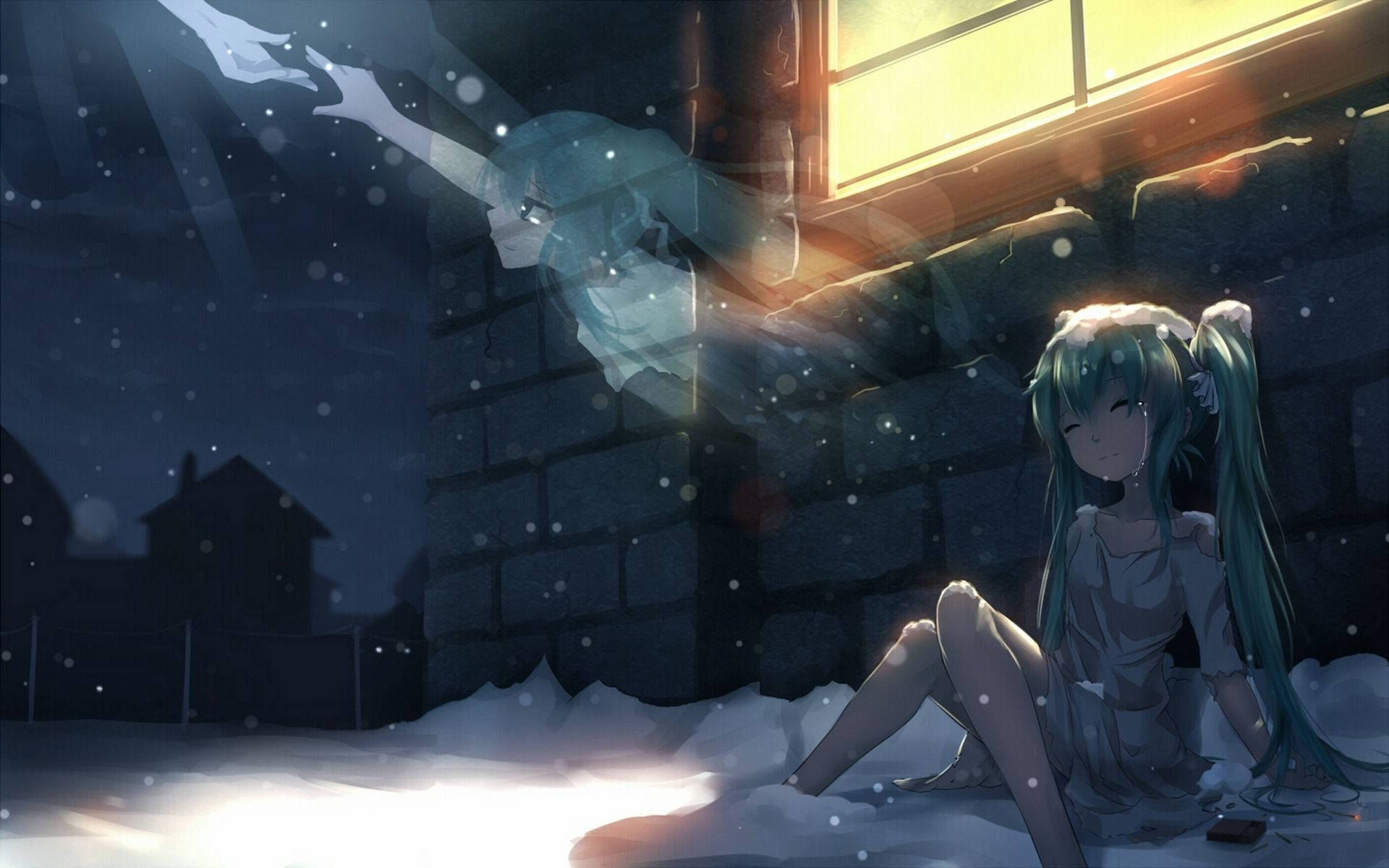 Sad anime poor homeless girl freezing outside a house HD wallpaper