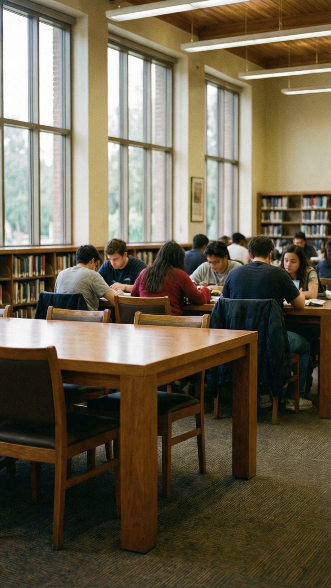 Interior Perpustakaan Powell UCLA dengan siswa belajar dalam cahaya alami.