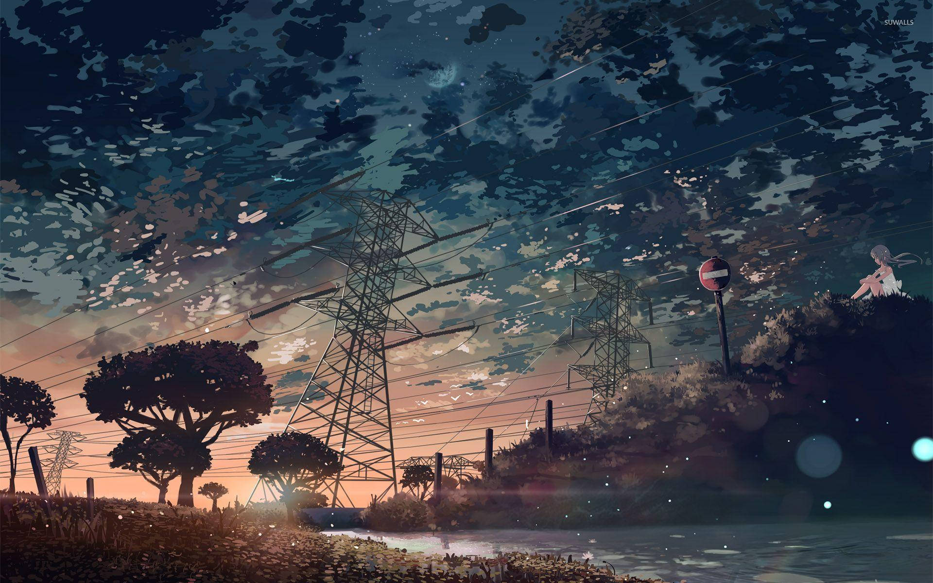 Power Lines Anime Aesthetic Sunset Wallpaper
