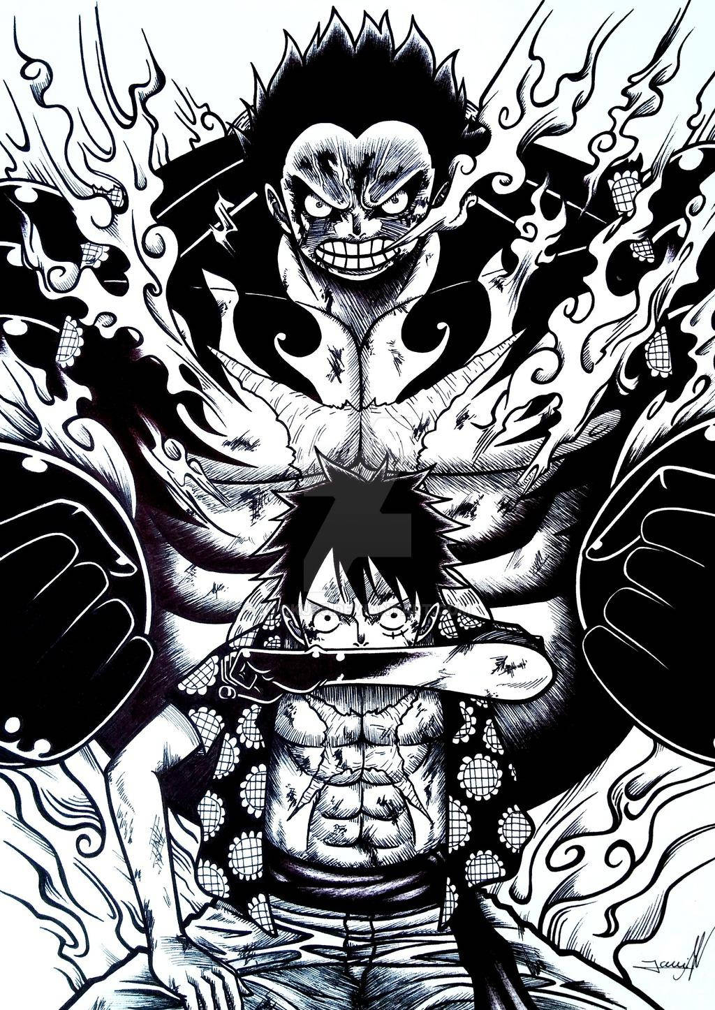 Powered Up Luffy Black And White Manga Background