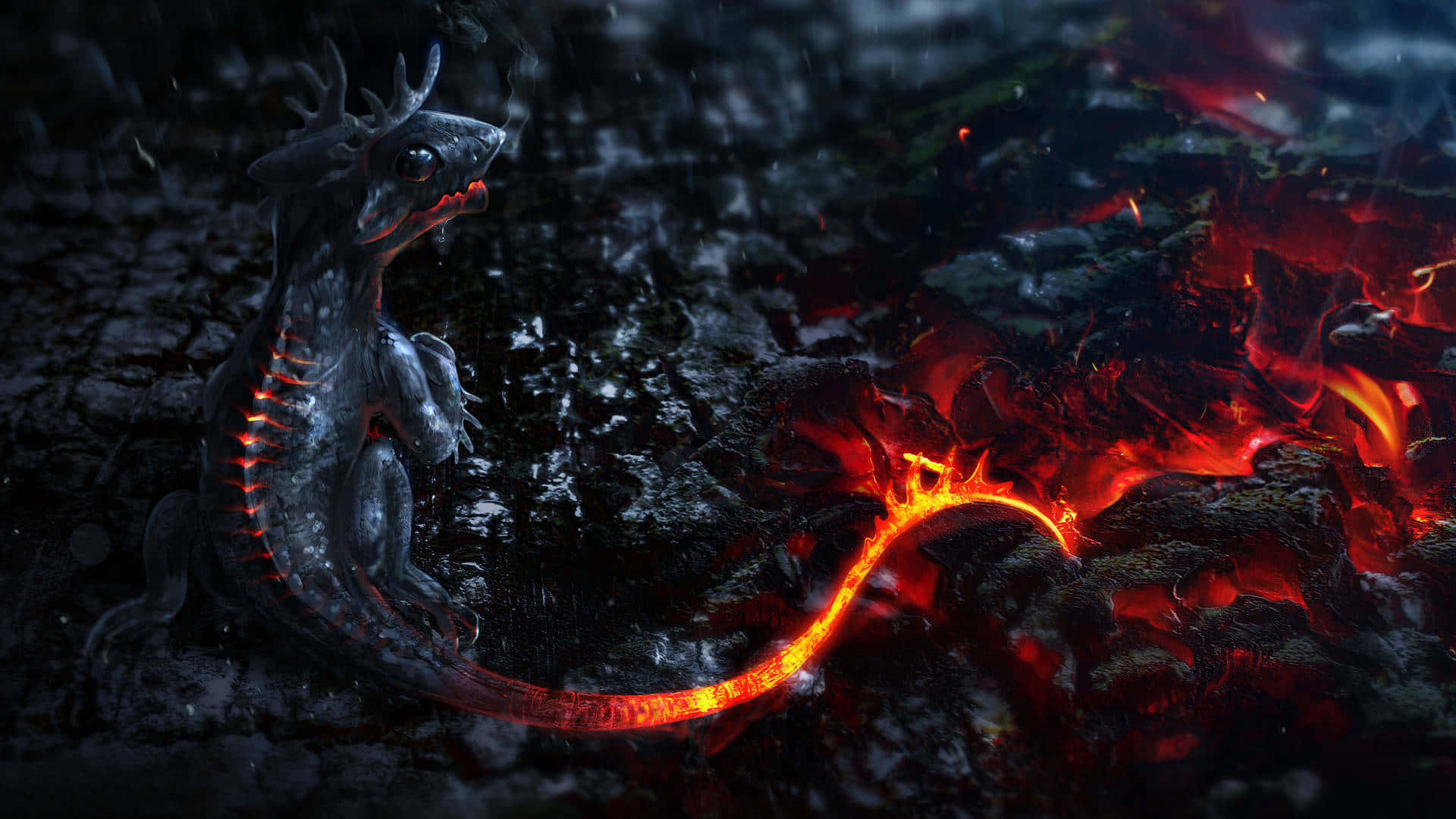 A Powerful Dragon rises through an immense thundering sky Wallpaper