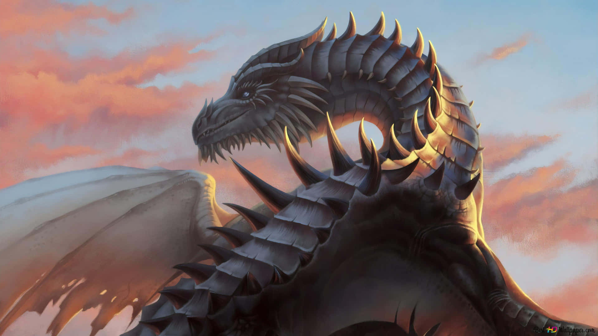 A bright, fire-breathing dragon with powerful wings soaring through the sky Wallpaper