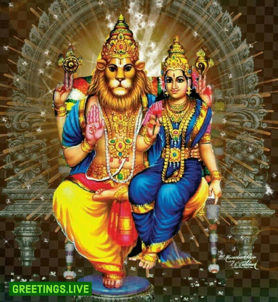 Download Powerful Lord Narasimha And Lakshmi Wallpaper 