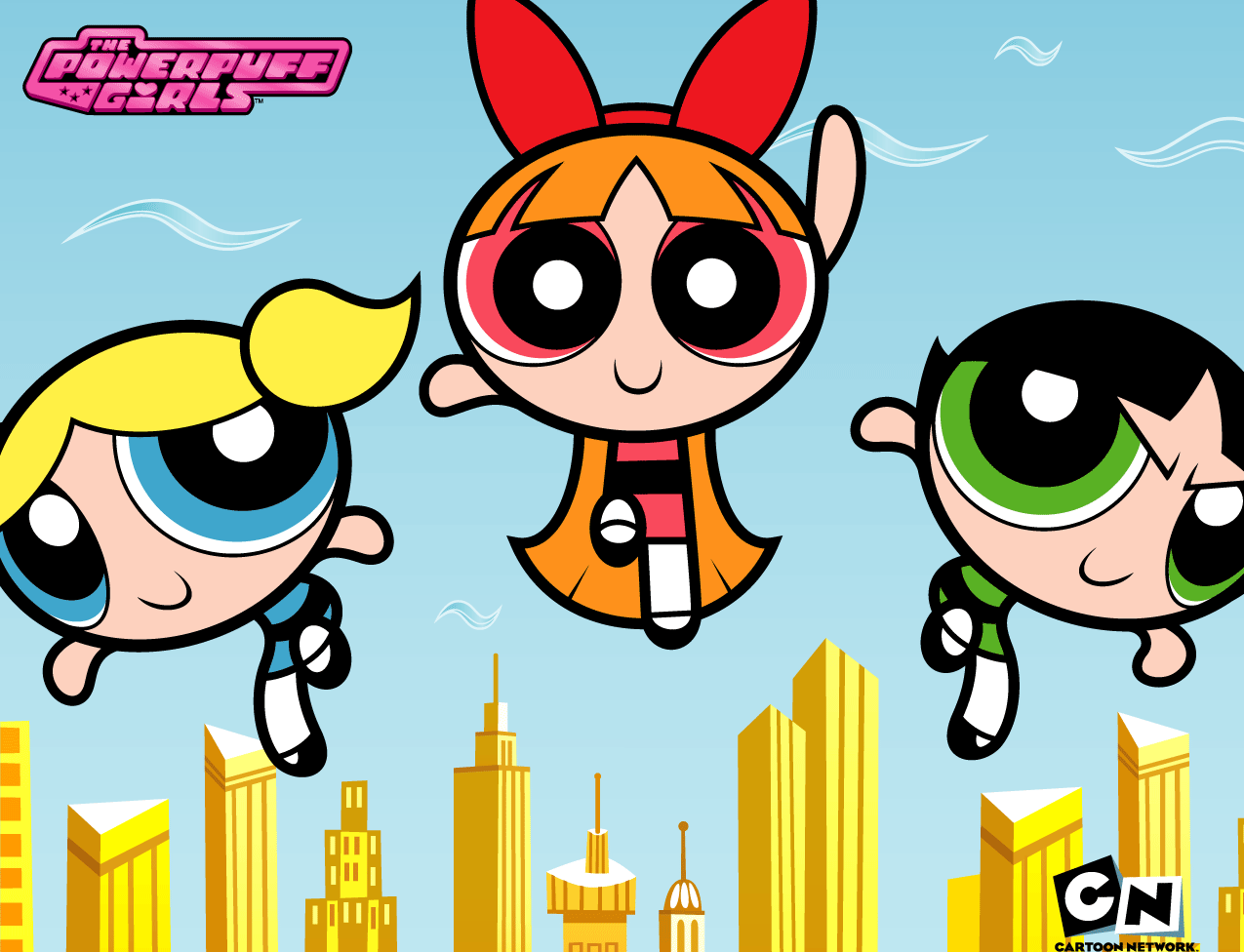 Powerpuff Girls Flying Over City PNG