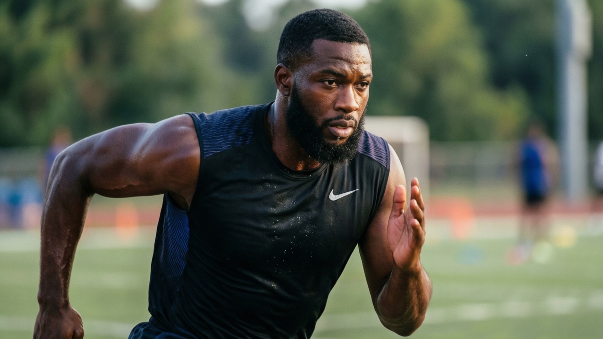Practice Makes Perfect Achtergronden — Een gespierde zwarte man met een baard sprint intensief op een groen veld in een zwart mouwloos atletisch shirt.