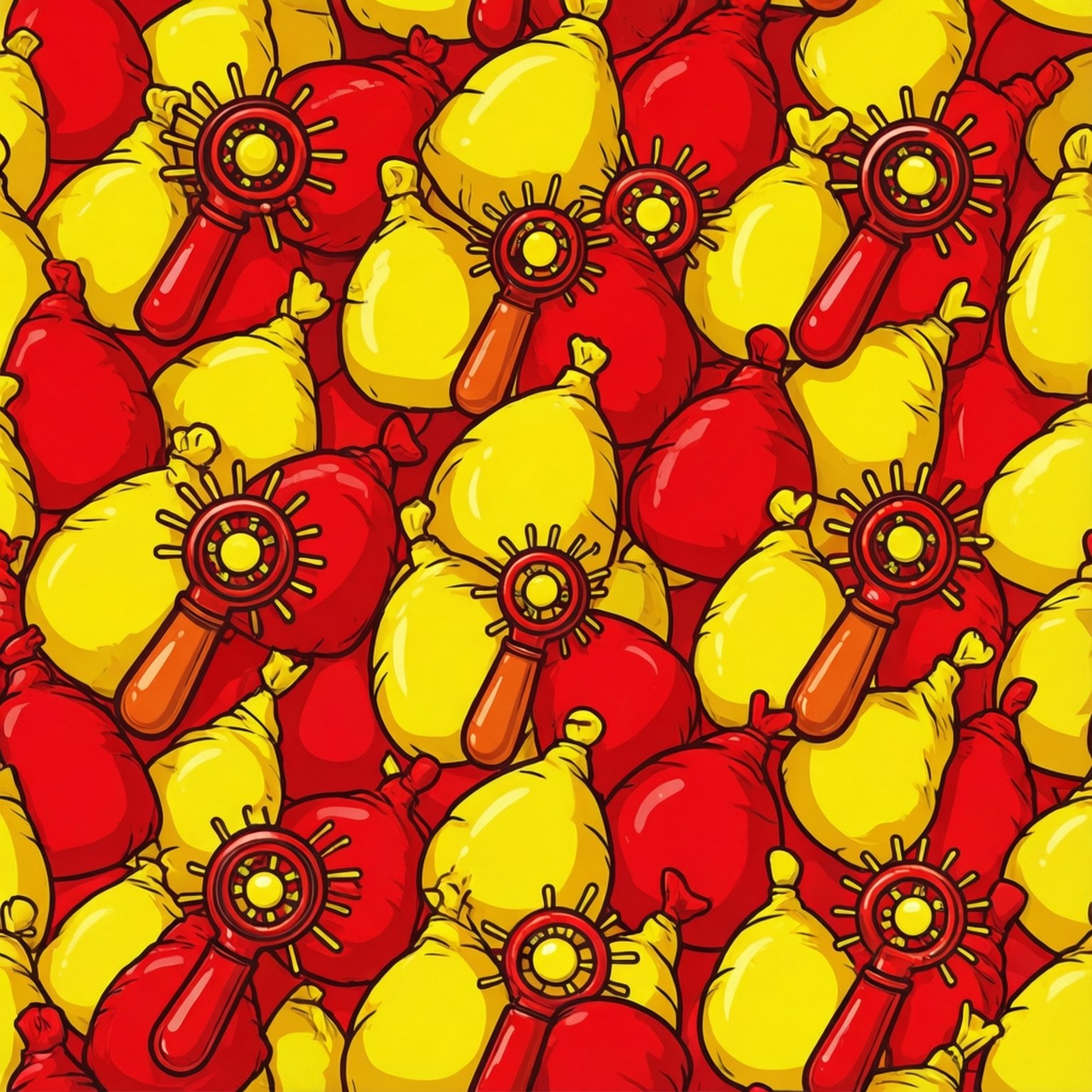 Seamless pattern of prank items like hand buzzers and whoopee cushions