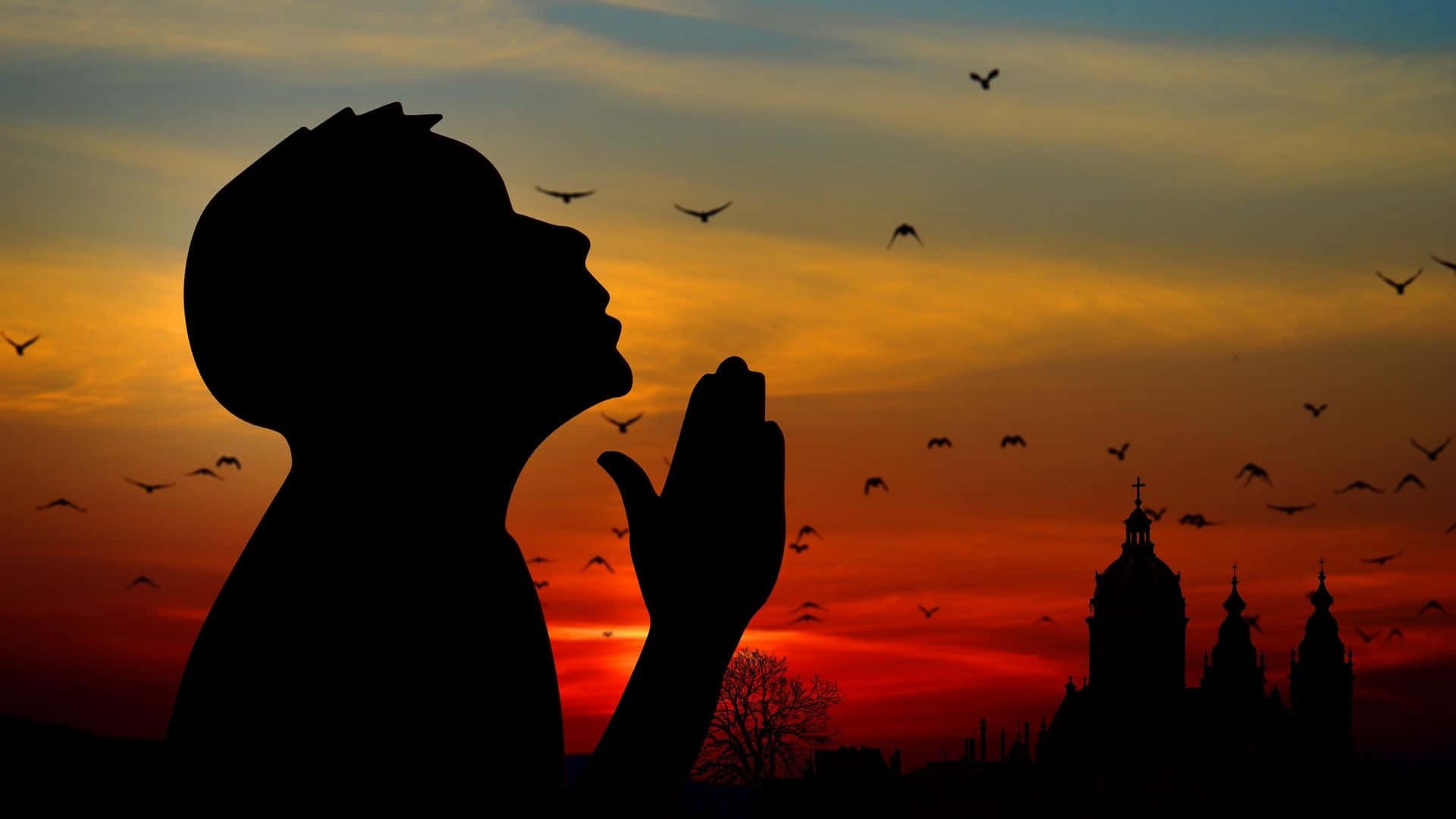 Person praying at sunset