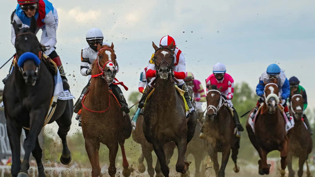 A Group Of Jockeys Racing Horses On A Dirt Track