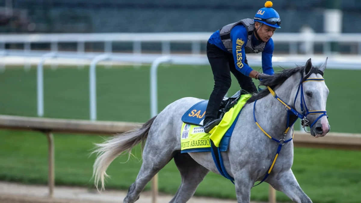 A Jockey Is Riding A Grey Horse On A Track