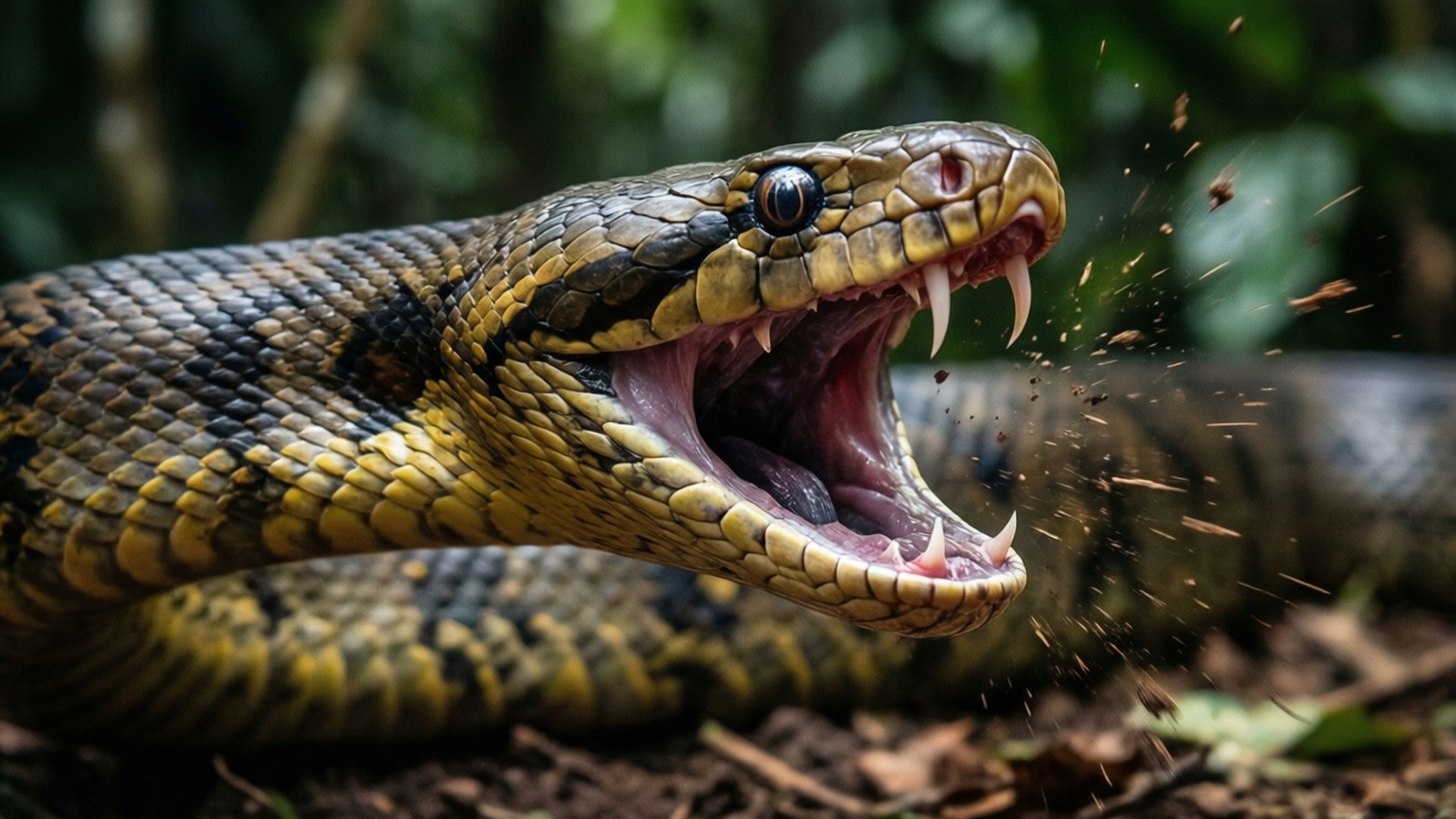 Anaconda striking with open mouth and fangs
