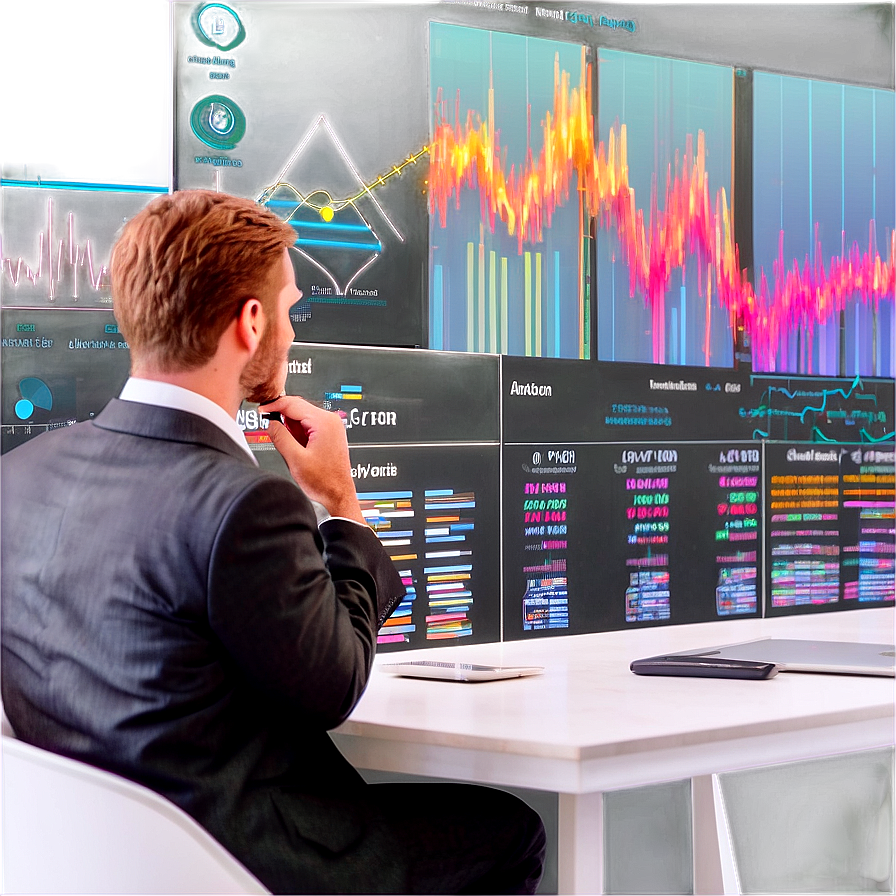 Predictive Analytics Data PNG gjb PNG — A businessman in a suit sits at a desk analyzing vibrant financial data displayed on multiple glowing screens.