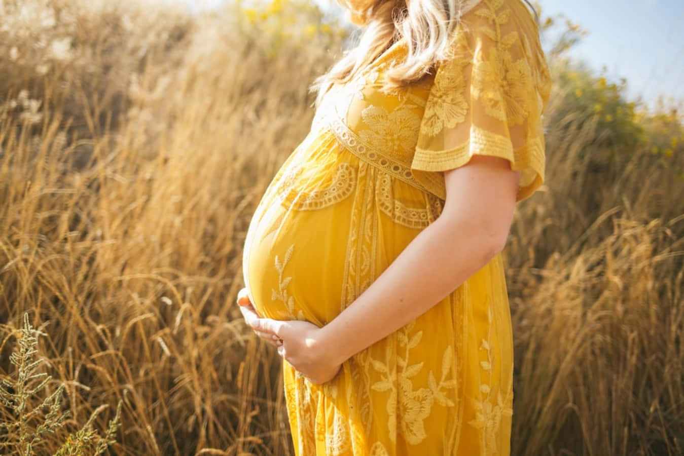 A Pregnant Woman In A Yellow Dress Standing In A Field