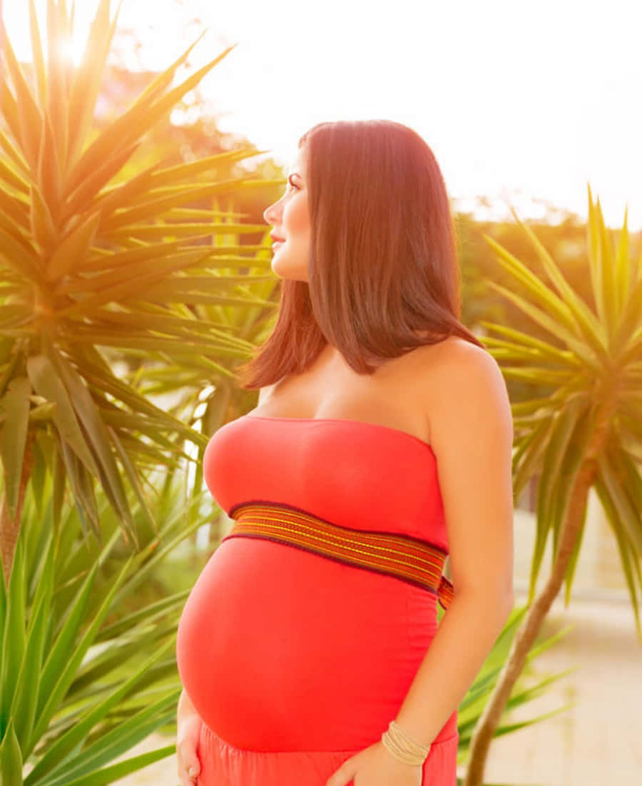A Pregnant Woman In A Red Dress Standing By A Palm Tree