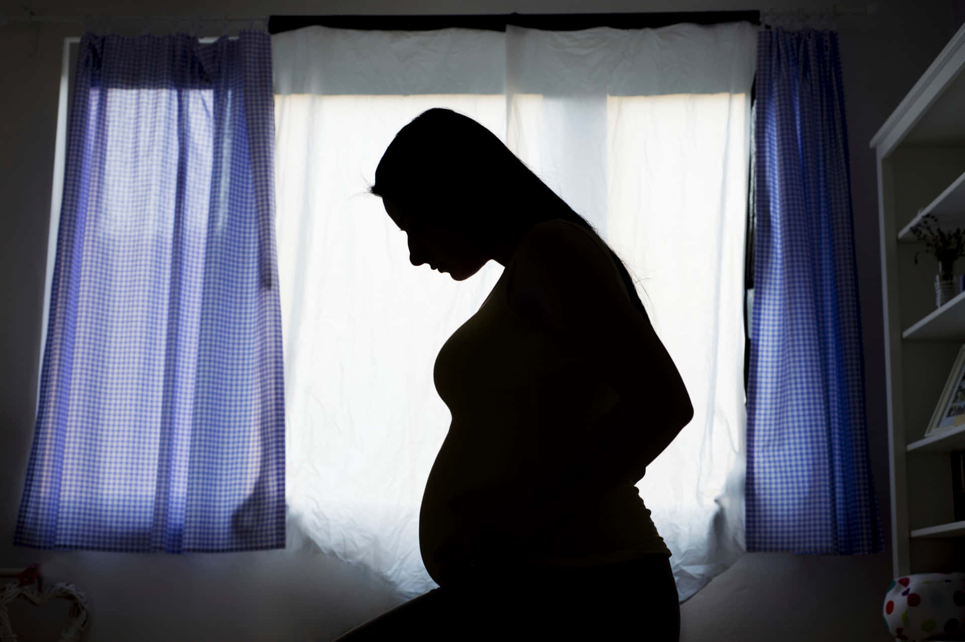Gravid kvinde i vindues solskin Wallpaper