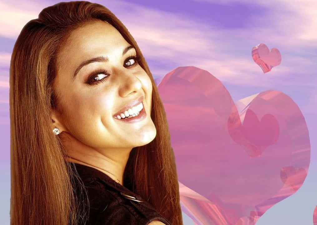 Preity Zinta Smiling Red Hearts Wallpaper