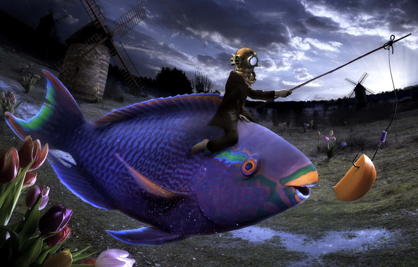Preposterous Photo Of A Man Riding A Fish Wallpaper