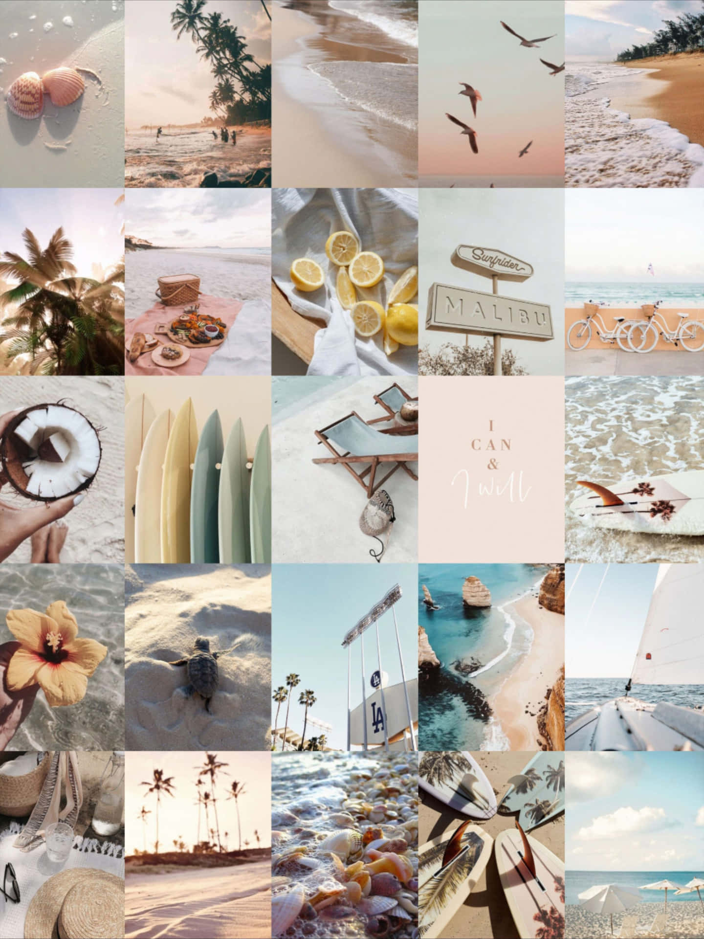A Collage Of Photos Of Beach And Surfboards