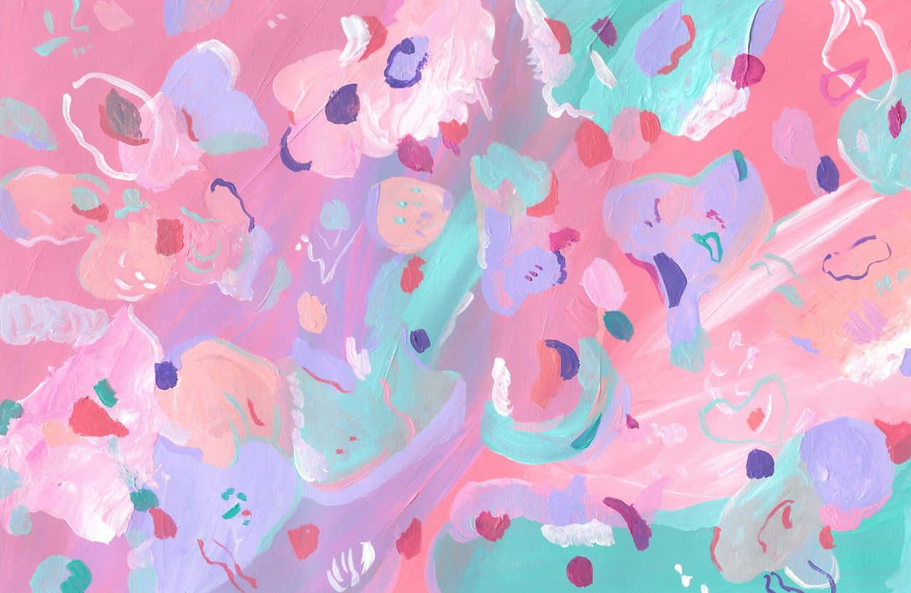 A Pink And Blue Abstract Painting With A Lot Of Flowers Wallpaper