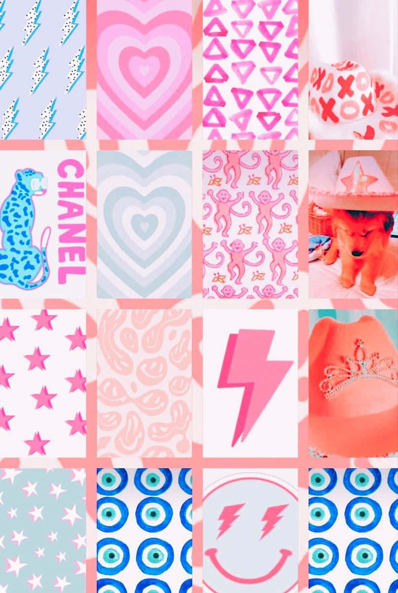 Preppy Pattern Collage Pink Blue Wallpaper