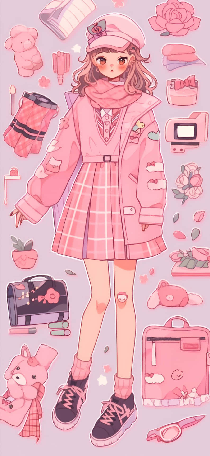 Preppy Pink Anime Girl Fashion Illustration Wallpaper