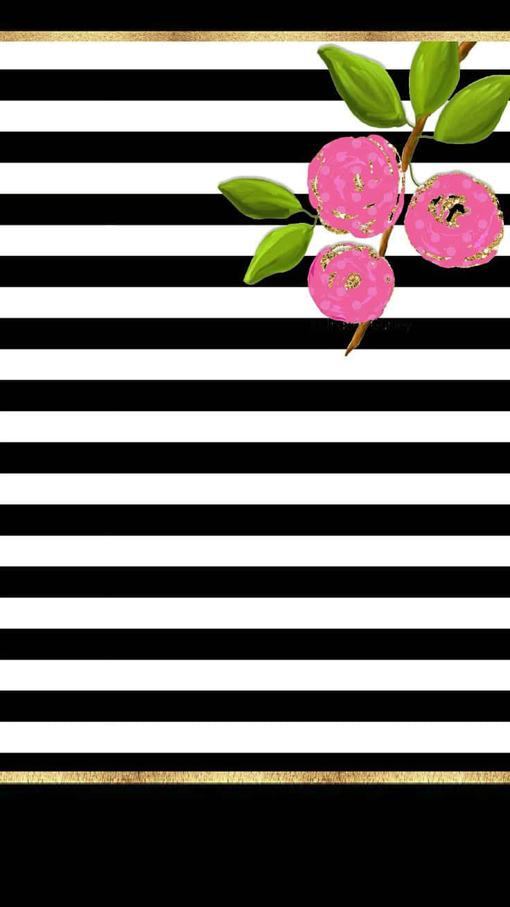 Preppy Pink Flowers Striped Background Wallpaper