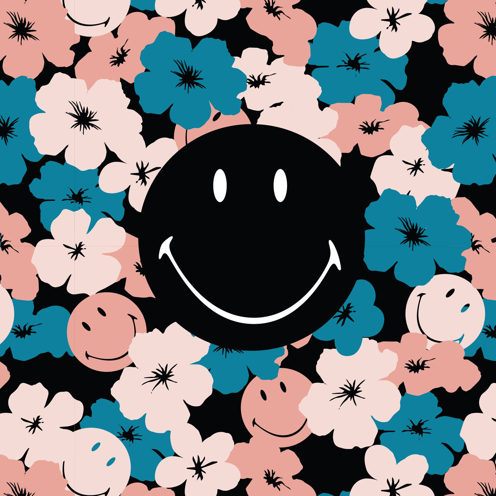 Preppy Smiley Face Floral Pattern Wallpaper