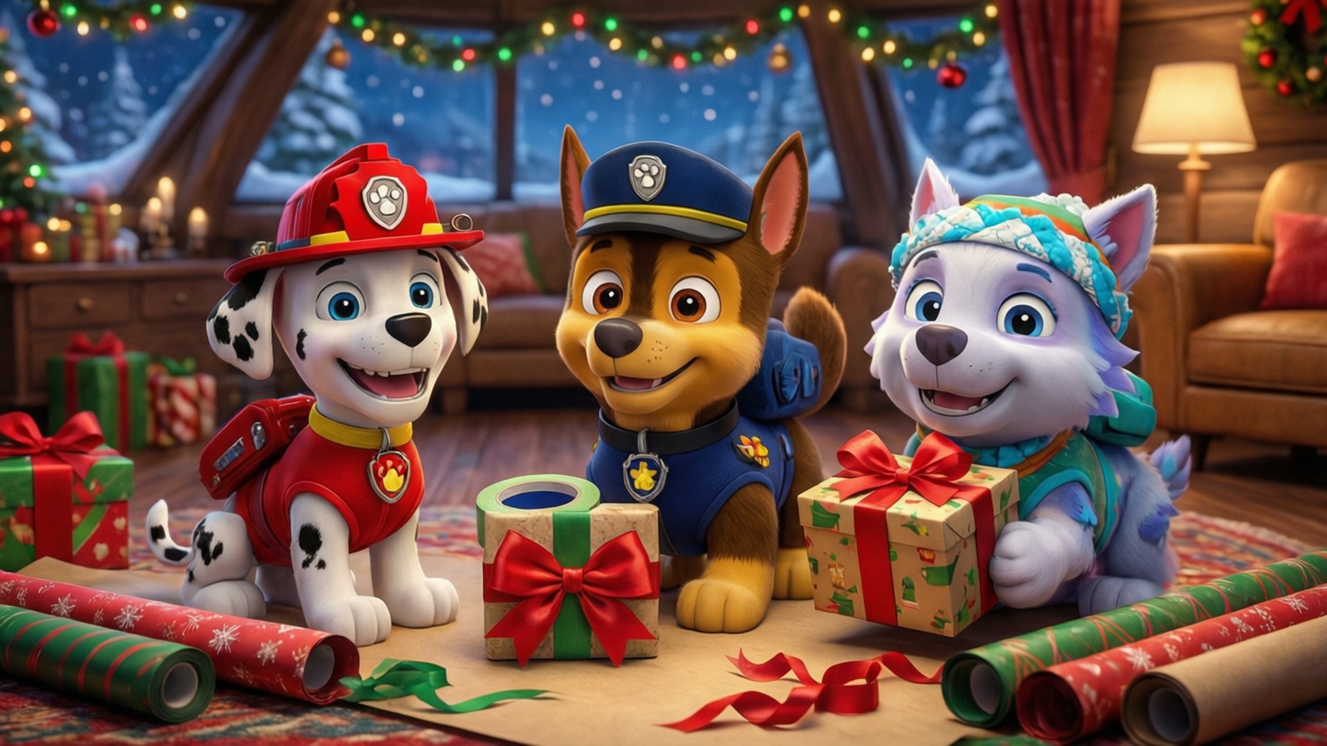 Paw Patrol-valper pakker inn julegaver i Lookout Tower.