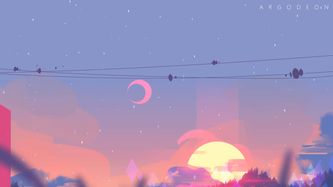 A City With A Sunset And Birds Wallpaper