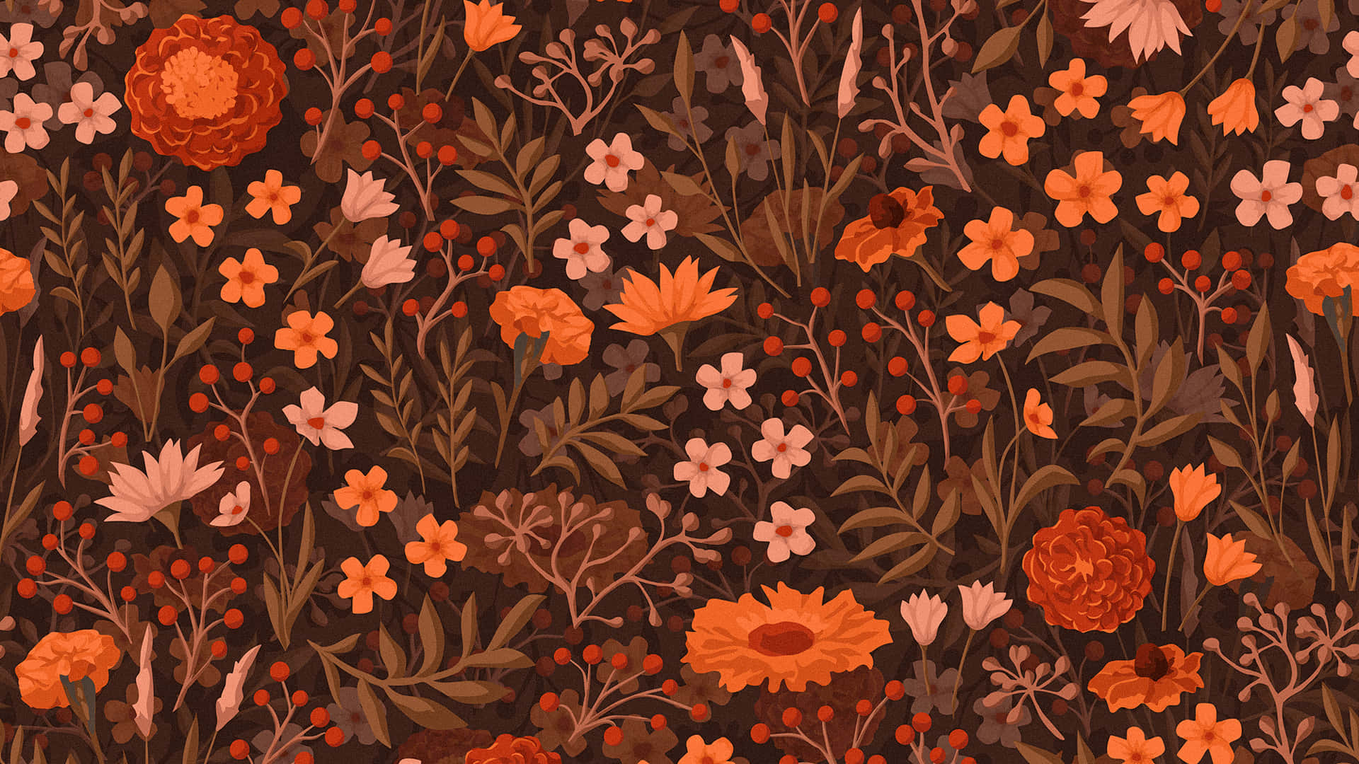 Ettblommigt Mönster Med Orange Blommor Och Bruna Löv Wallpaper