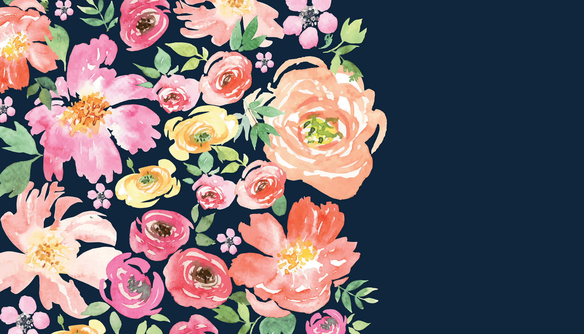 A Watercolor Floral Border On A Navy Background