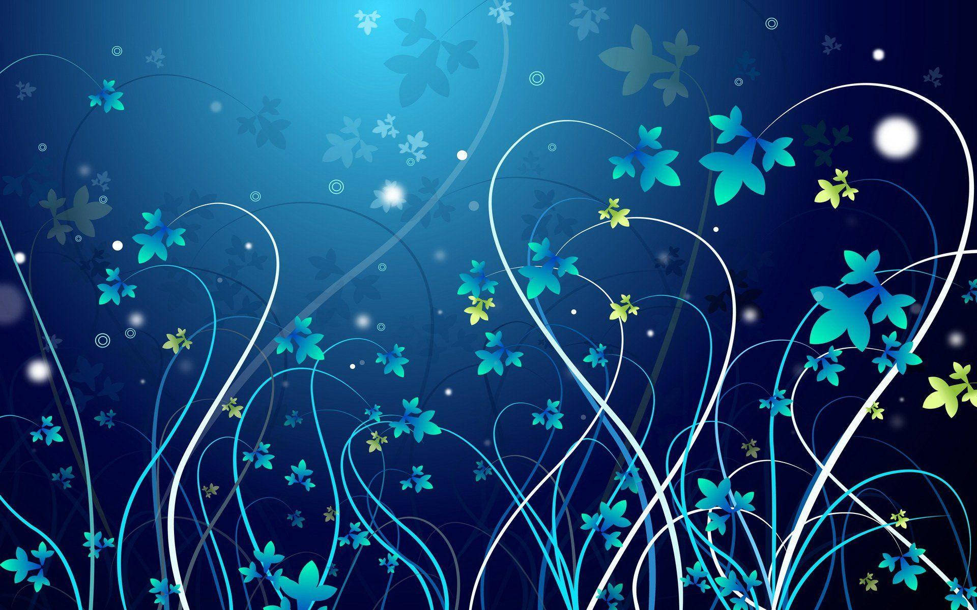 En blå baggrund med blomster og stjerner Wallpaper