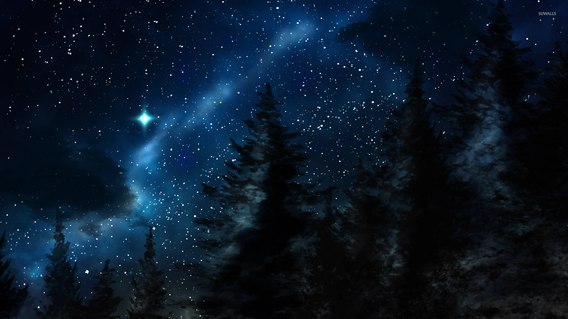 Pretty Blue Starry Night In The Woods Wallpaper
