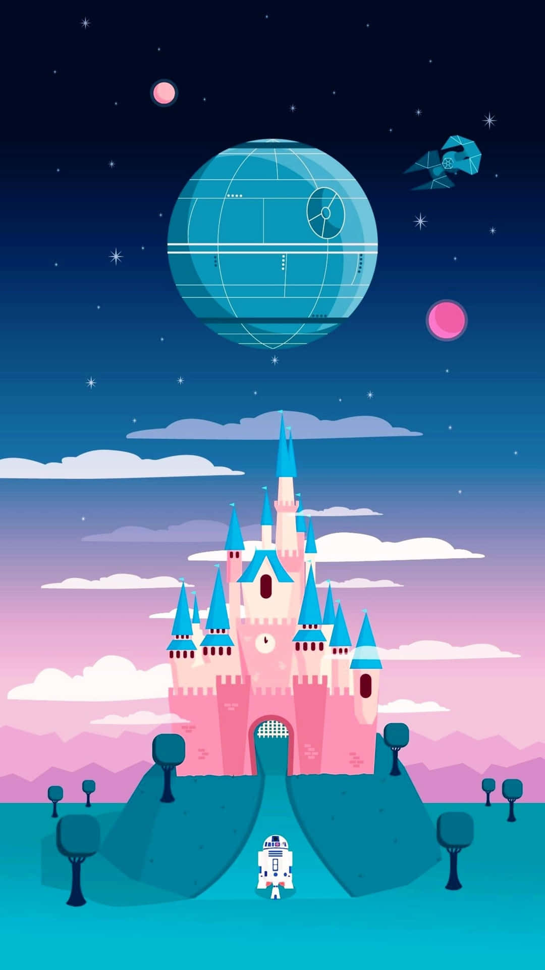 A Pink Castle With A Star Wars Ship In The Sky Wallpaper