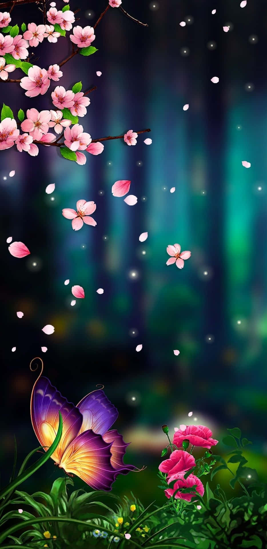 En sommerfugl og blomster i skoven Wallpaper