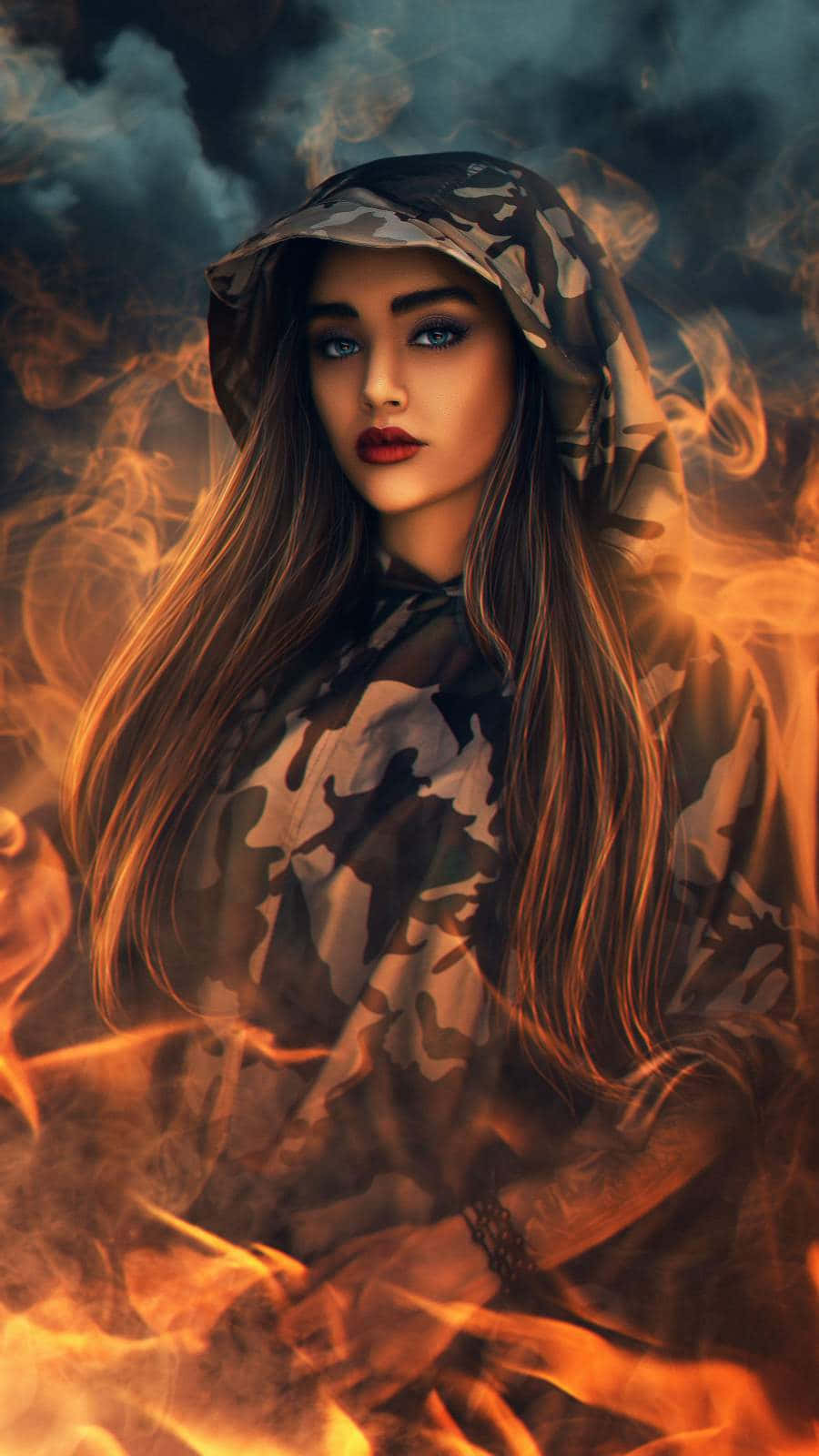 Pretty Girl Surrounded In Flames Background