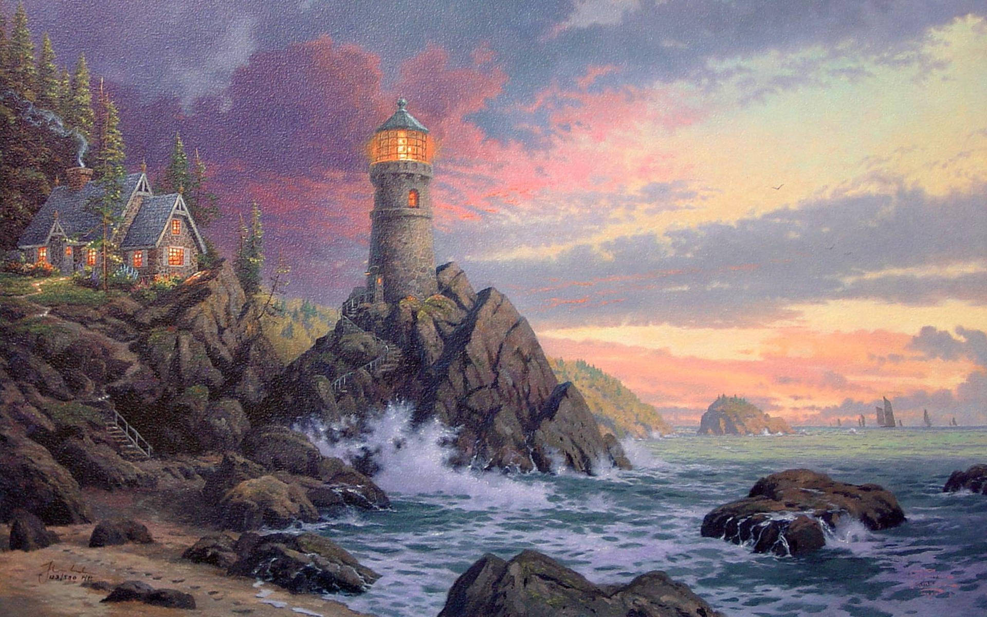 Classic Coastal Lighthouse Illustration Wallpaper
