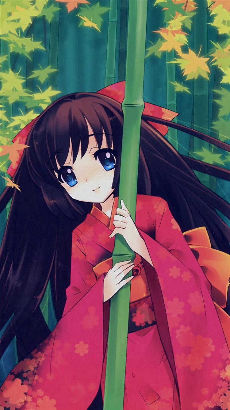 Pretty Japanese Anime Girl In Red Kimono