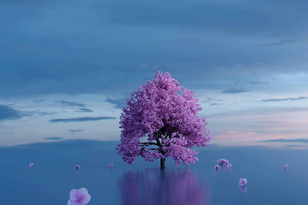 En træ i vandet med rosa blomster