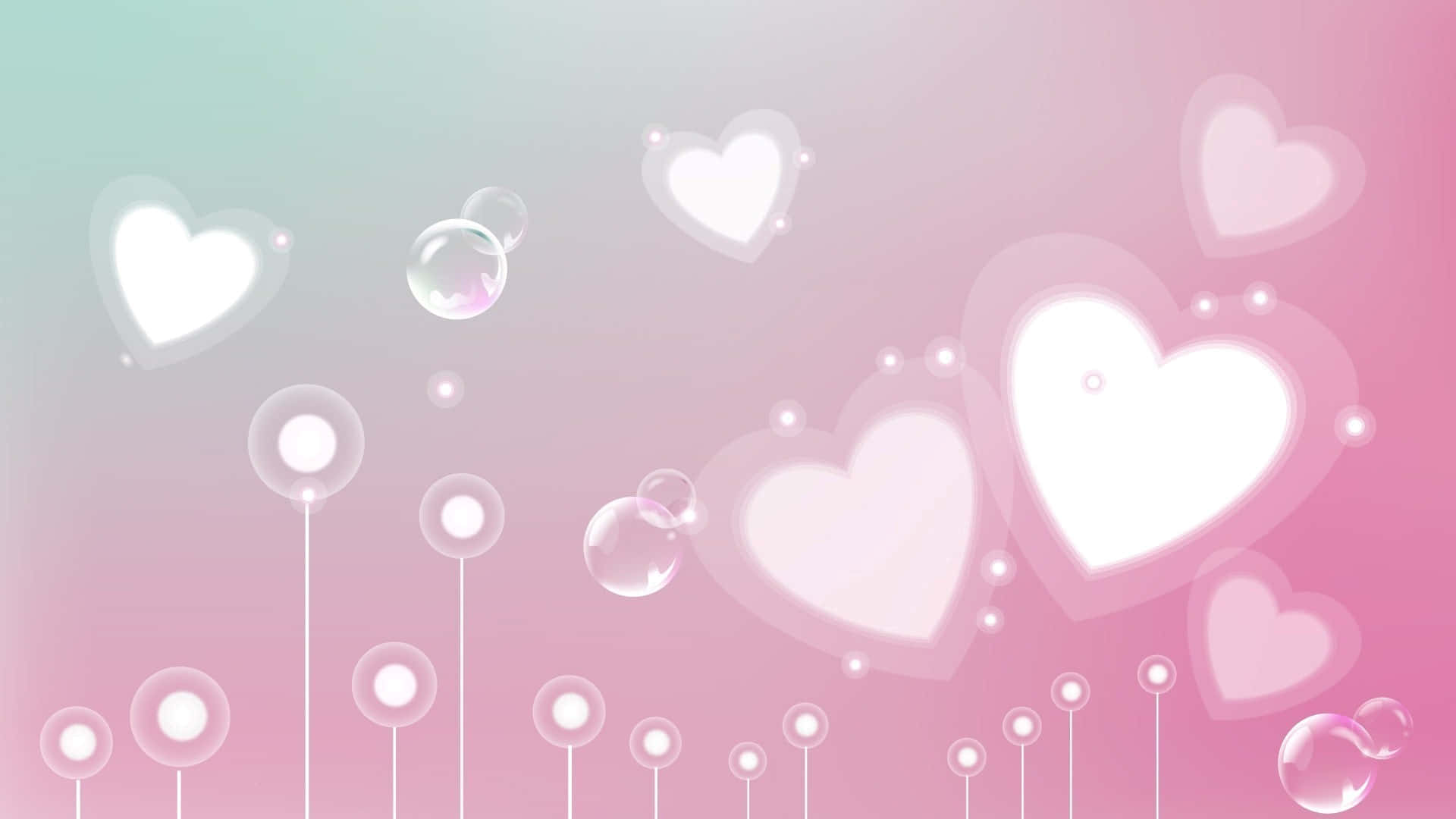 A Pink And White Background With Hearts And Bubbles