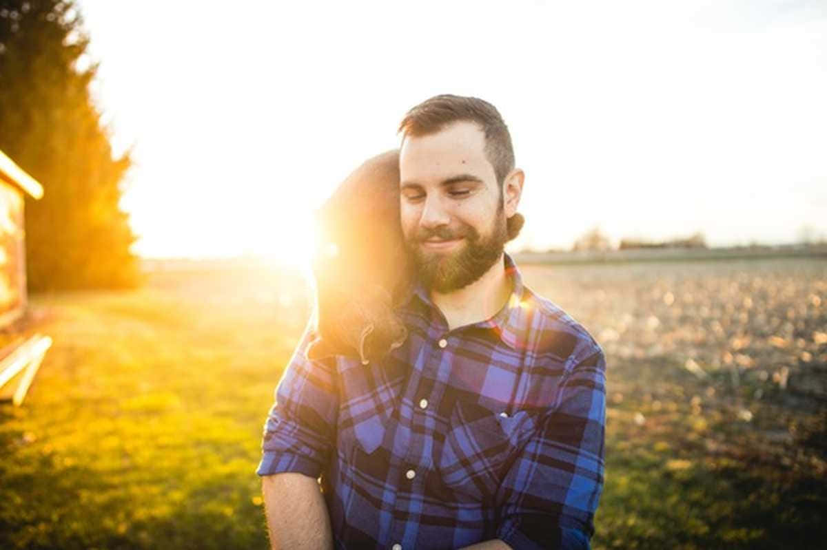 Mand Med Kæledyr Solnedgang Smuk Profil Billede