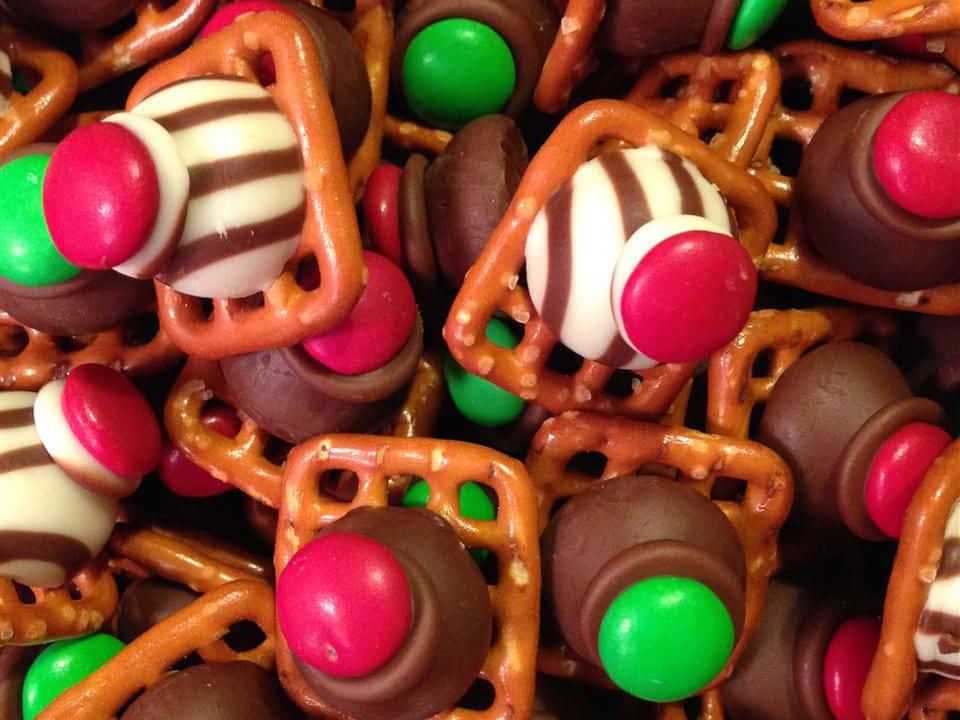 Chocolate Pretzels With Green And Red Candy