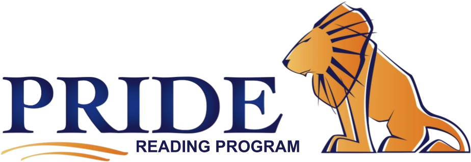 Pride Reading Program Logo PNG — Bold blue text reads PRIDE READING PROGRAM beside a stylized orange lion with black mane.