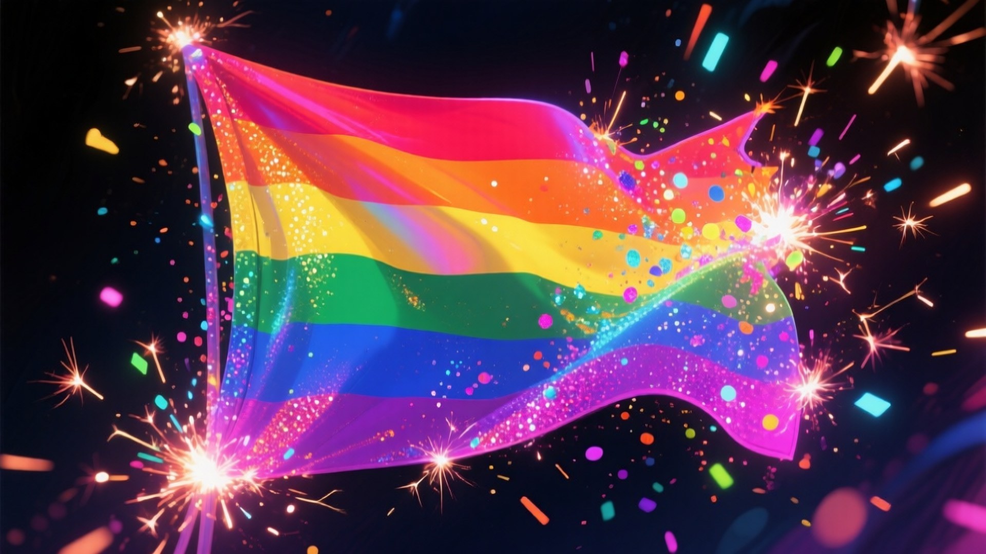 Stolthedsgnist Eksplosion Wallpapers — Et abstrakt digitalt kunstværk af et pride-flag, der eksploderer i farverige gnister.