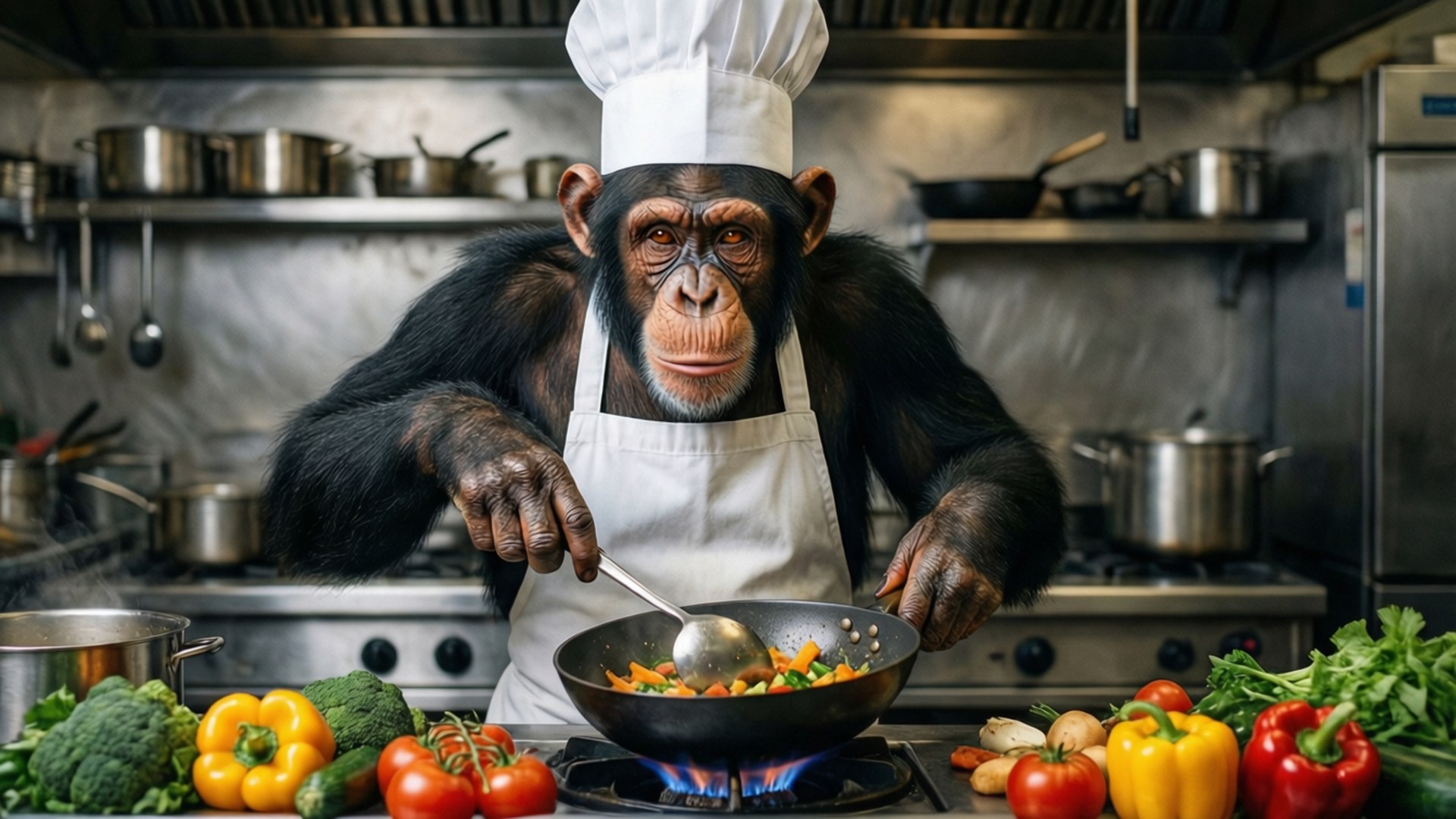 Seorang simpanse koki memasak dengan sayuran di dapur yang sibuk.