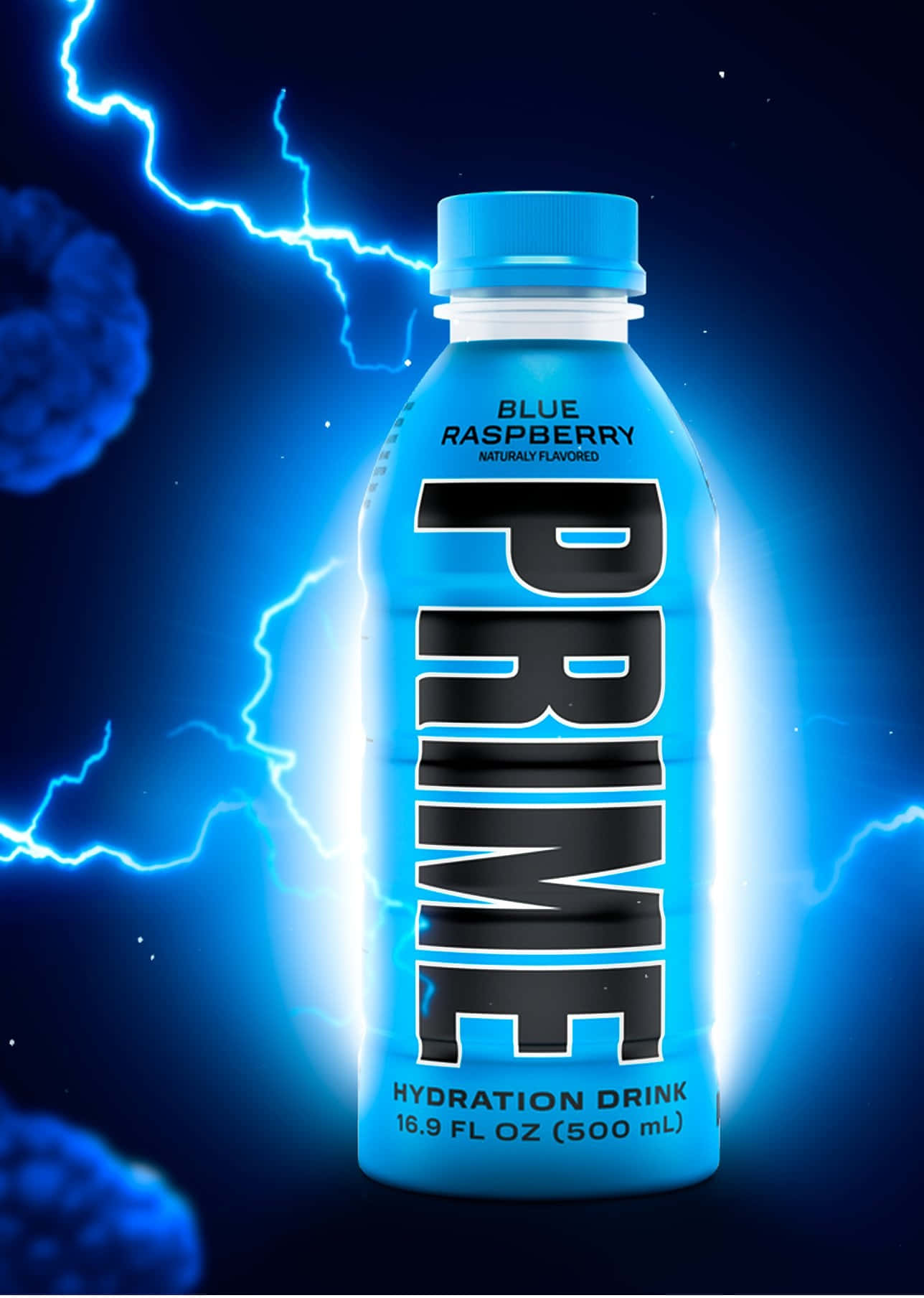 Prime Blue Raspberry Hydration Drinkwith Lightning Background Wallpaper