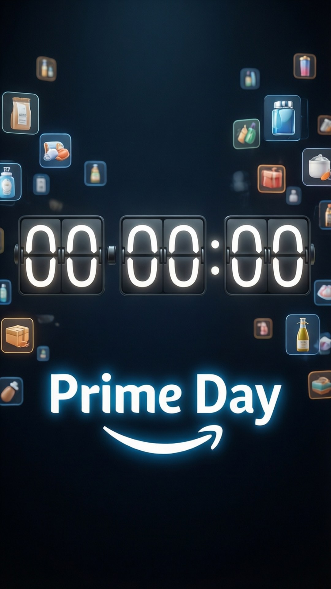 Prime Day nedtællingstimer med flydende produktikoner på mørk baggrund
