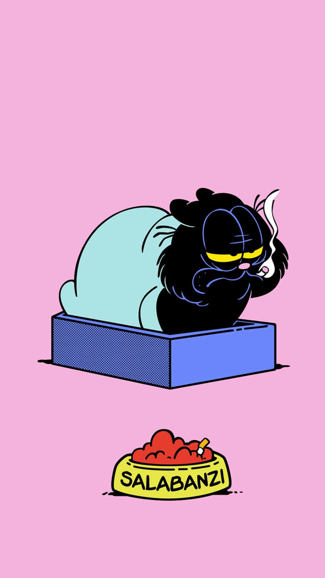 En sort kat sidder på en boks med en pizza på den. Wallpaper