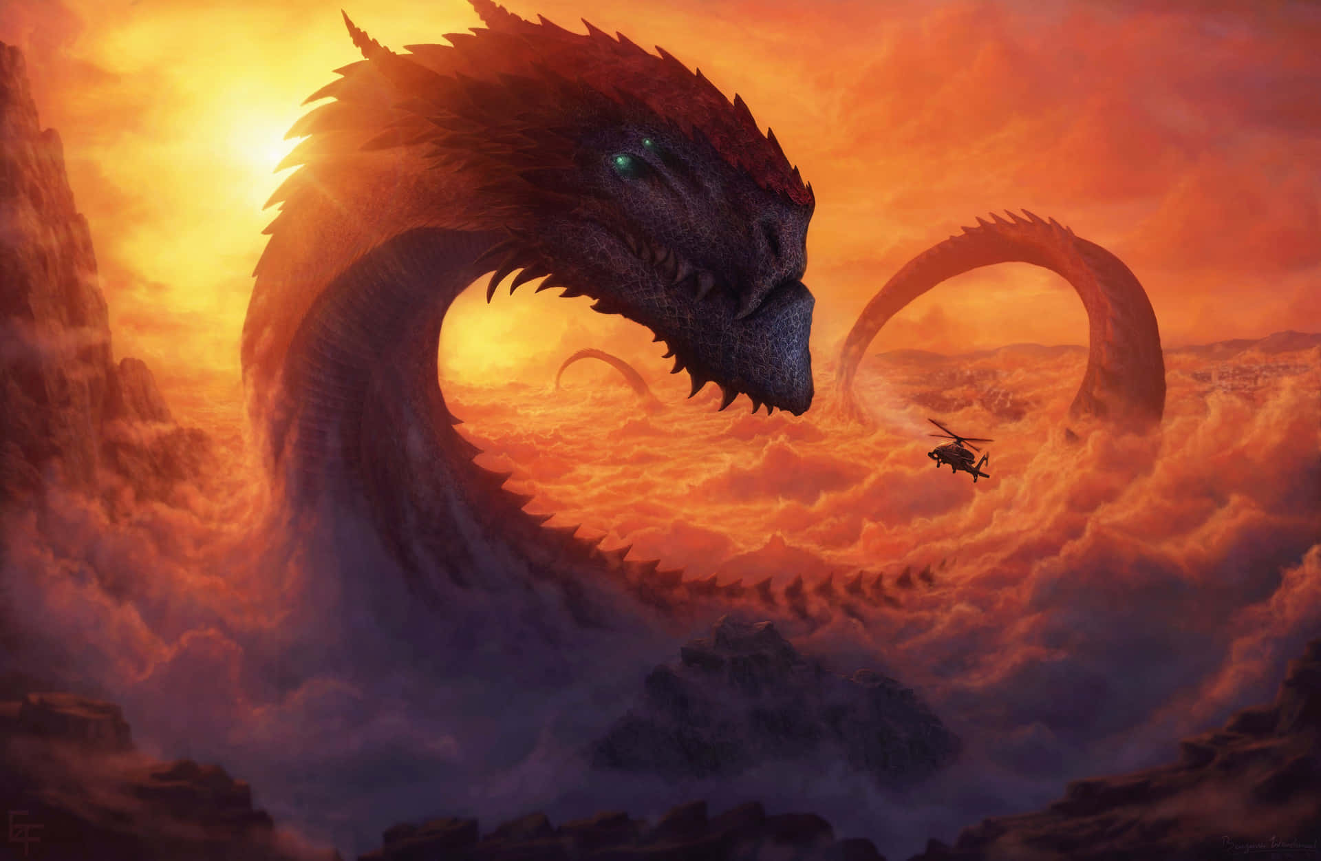 Primordial Dragon Spotted By A Helicopter Wallpaper