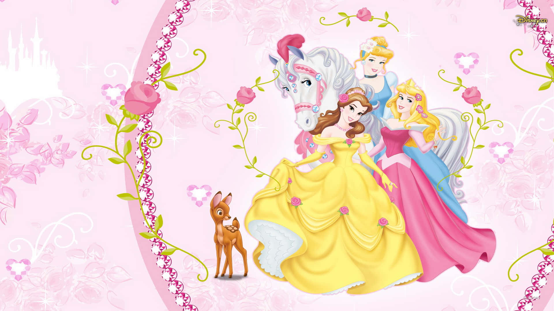 Princesses And A Deer On A Pink Background